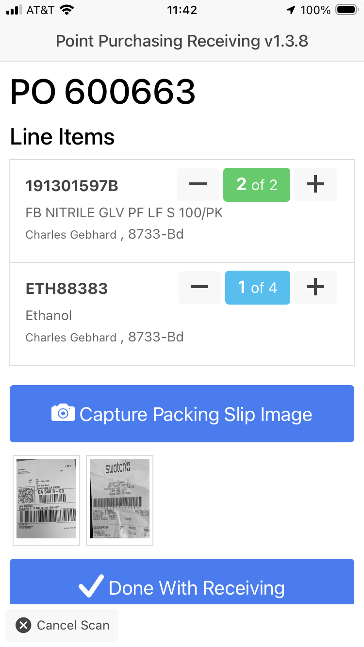 Point Purchasing Receiving App screenshot